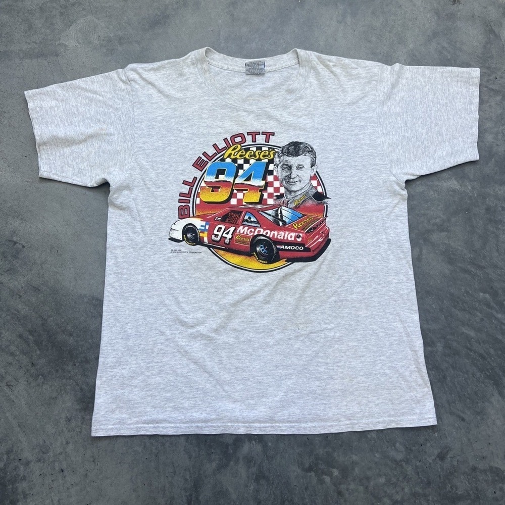 Vintage 1996‎ Bill Elliott 94 NASCAR McDonald's Reese's T-Shirt Mens Large Grey